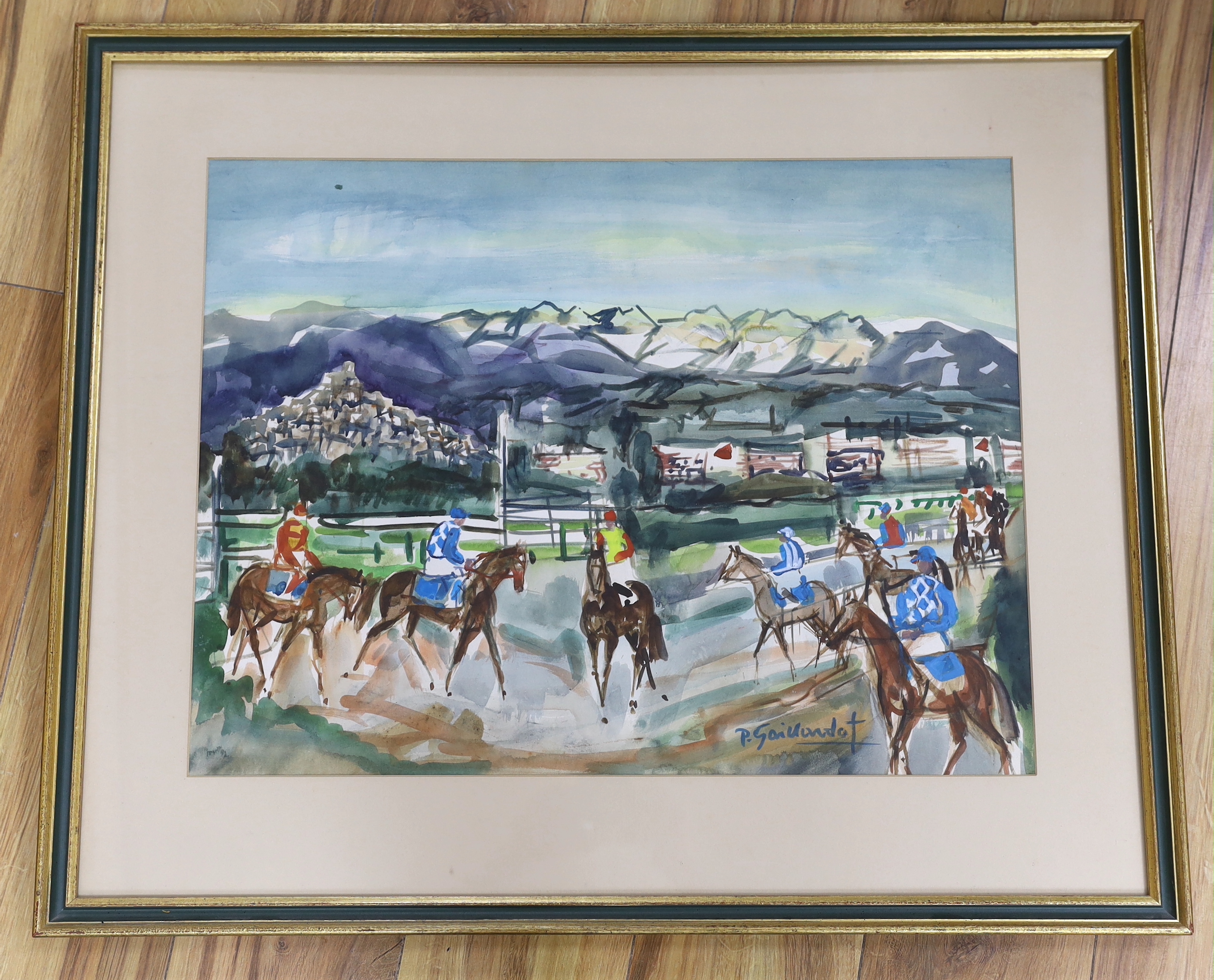 Pierre Gaillardot (French, 1910-2002), watercolour, Racehorses before the start, signed, 45 x 60cm